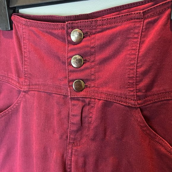 High Waisted Button Fly Burgundy Stretchy Skinny Jeans - Picture 3 of 4